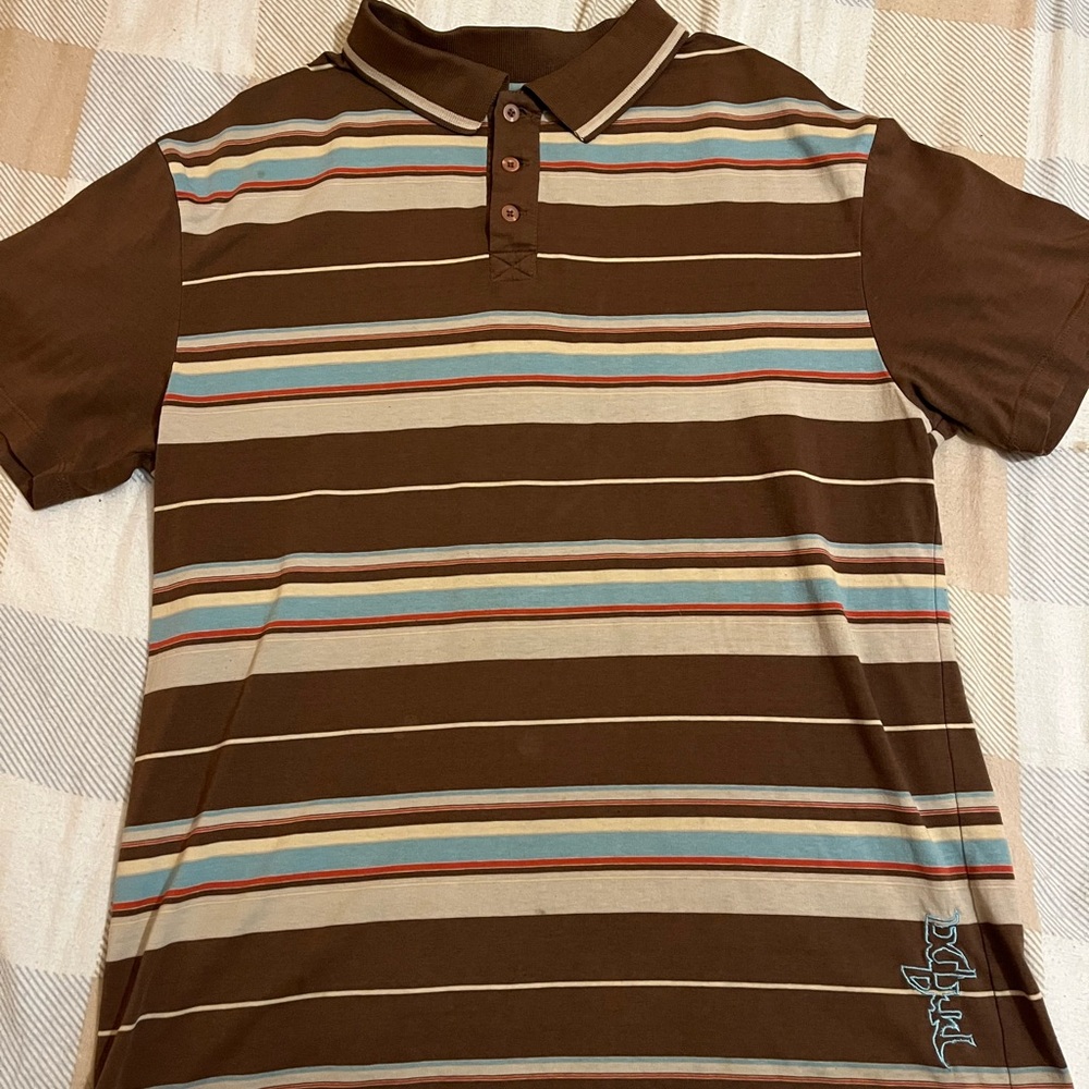 Prana Brown Polo with Blue and Red Stripes